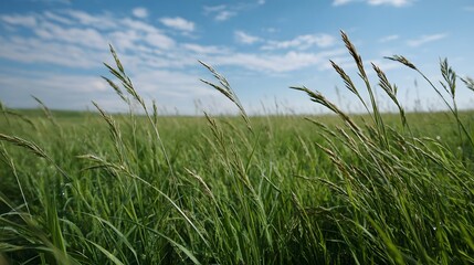 A close up view of tall green grass swaying in the wind under a blue sky with scattered clouds