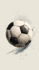 Naklejka premium A detailed illustration of a soccer ball, featuring classic black and white panels, set against a light background with painterly splashes.