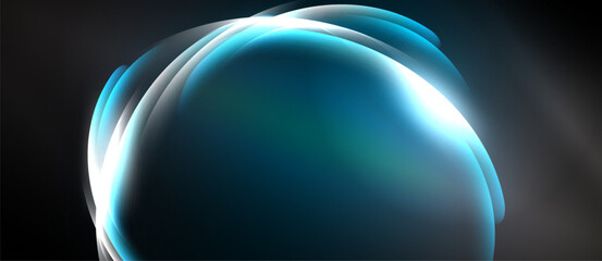 Abstract swirling shapes, blue hues dominate. Light radiates from center, creating dynamic visual effect. Dark background enhances luminosity.
