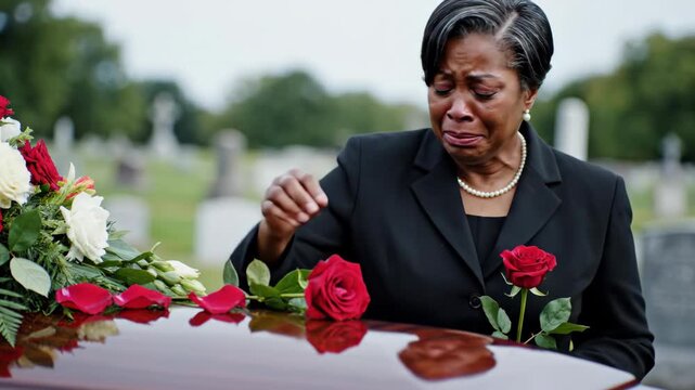 African american woman crying at funeral, holding red rose over coffin. Grief, loss, and mourning concept at cemetery.