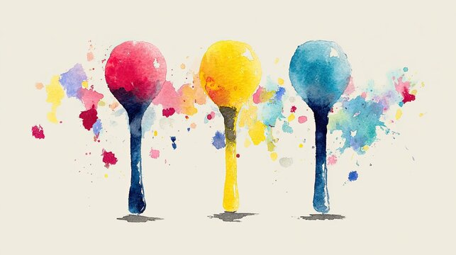 A vibrant watercolor illustration of three colorful objects resembling paddles, surrounded by splashes of paint.