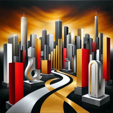 An abstract, stylized cityscape featuring a cluster of buildings in various shapes and colors, with winding roads in the foreground under a dramatic, cloudy ora