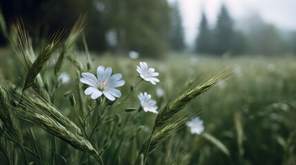Obraz premium Delicate white wildflowers bloom in a misty meadow surrounded by tall green grass and grain stalks in soft morning light