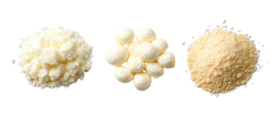 Three piles of mozzarella swiss parmesan side by side overhead on transparent background