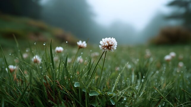 Delicate white clover flowers adorned with glistening dewdrops emerge from a serene green meadow shrouded in soft morning mist