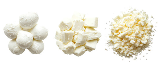 Three piles of mozzarella swiss parmesan side by side overhead on transparent background