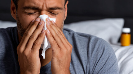 A man who sneezes while covering his nose with a handkerchief. A cold or allergy. In the background, a blurred bottle of medicine can be seen, representing medication or medical treatment.