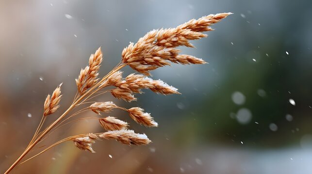 Close up of a delicate dry grass stalk with snow crystals in a soft focus winter environment with falling snow - Powered by Adobe