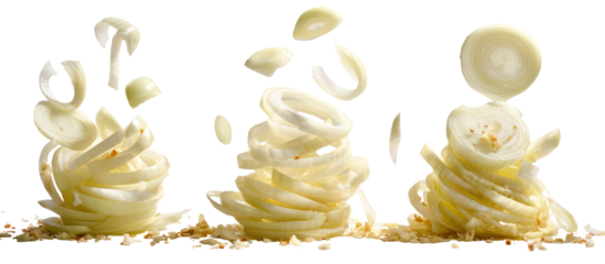 Three abstract sculptures made of white shredded material isolated on transparent background