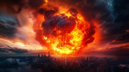 Massive explosion rises above a cityscape with dark ominous clouds filling the sky during an apocalyptic event.