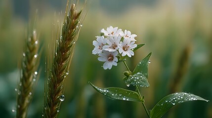 Obraz premium Dew drops on white wildflowers and wheat stalks in a serene meadow at dawn