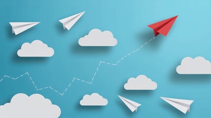 Red paper airplane leads the way above white clouds following an upward trend line