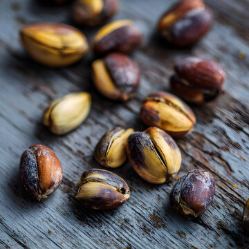 A closeup of shiny pili nuts scattered on a rustic wooden surface, showcasing their unique brown and yellow hues, highlighting their natural texture and form