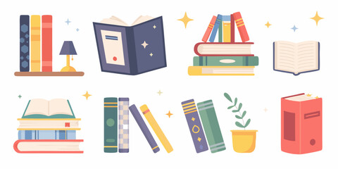 Collection of colorful books and reading elements in a flat vector illustration