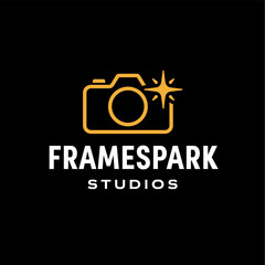 Minimal camera outline with a sparkling flash icon, creating a modern photography and studio branding logo suitable for creative media and visual arts. Editable Vector File
