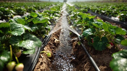 A vibrant strawberry field with irrigation systems watering lush green plants under sunlight, showcasing agricultural practices and crop growth.
