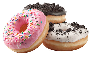 Stack of three donuts, pink, chocolate, and white frosted