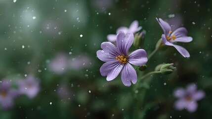 Delicate purple wildflower with water droplets in gentle rain soft bokeh background