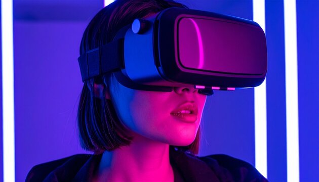 Woman wearing virtual reality headset exploring digital world with neon lights in futuristic environment, showcasing immersive technology and modern lifestyle.