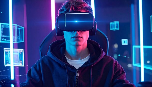 Teenager wearing VR headset exploring digital world with floating cubes and neon lights, experiencing immersive technology in a futuristic setting.