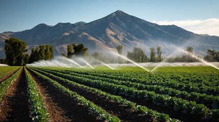 A serene agricultural landscape featuring rows of crops being irrigated against a backdrop of mountains under a clear sky.