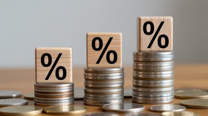 Stacks of metal currency show increasing height beneath wooden blocks marked with percentage signs