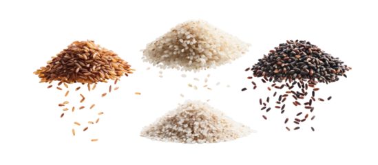 Three piles of parboiled rice sticky rice and wild rice falling on transparent background