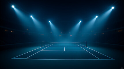 Dramatic tennis court scene with bright stadium lights, perfect for sports branding, athletic competitions, and high-energy event promotions