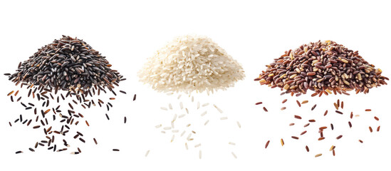 Three piles of parboiled rice sticky rice and wild rice falling on transparent background