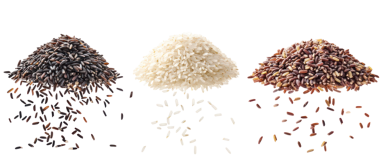 Three piles of parboiled rice sticky rice and wild rice falling on transparent background