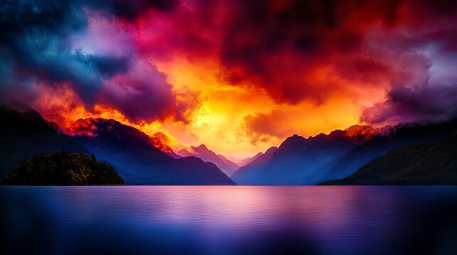 Mountains are silhouetted against a dramatic sky with orange, red, and purple clouds reflected in the calm blue water below. - Powered by Adobe