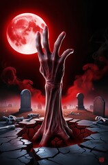 Zombie Hand Rising from Cracked Earth under Blood Red Moon – Ultra-Realistic Horror Scene with Graveyard, Fog, and Dramatic Red Lighting
