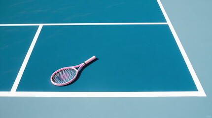 Stylish pink tennis racket lying on vibrant blue court, perfect for summer sports campaigns, fitness promotions, and active lifestyle branding visuals
