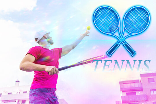 Tennis player serving ball with neon rackets and text effect