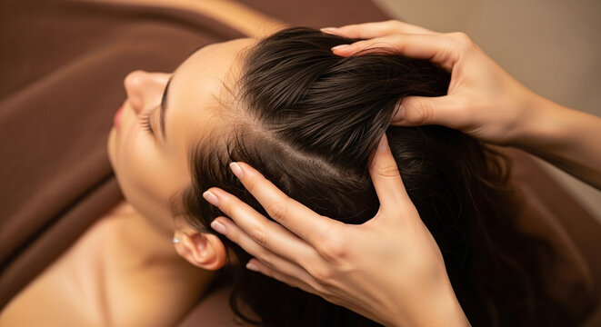 Close up of hands massaging a person s scalp and hair