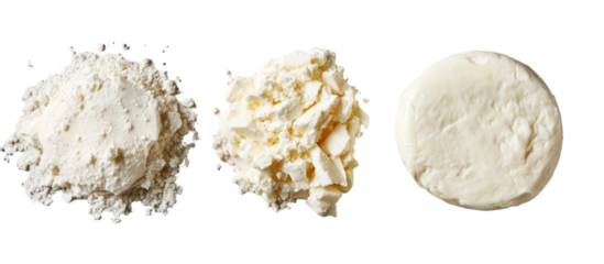 Three piles of white powdered sugar and butter isolated on transparent background
