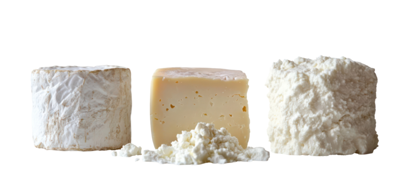 Three piles of parmesan camembert and feta side by side overhead on transparent background