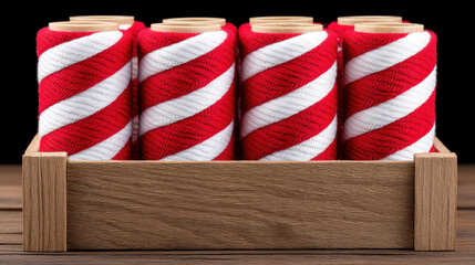 Red and white striped yarn rolls wooden box create festive Christmas props for holiday crafts and decorations with cozy texture and bright colors