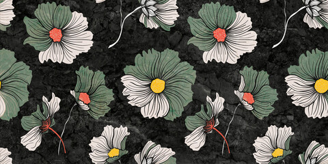 Detailed floral patterns and botanical illustrations in vibrant, realistic colours for wallpapers, textiles, and print media.
