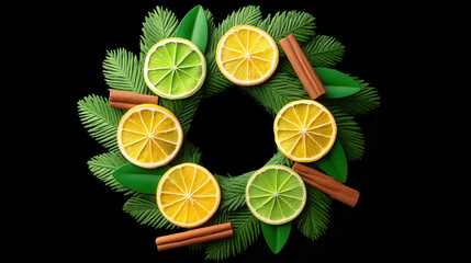 Christmas wreath with citrus slices and cinnamon sticks as festive props on black background creating warm holiday atmosphere