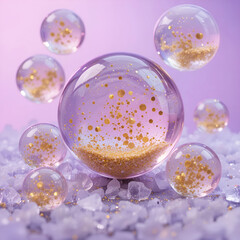 Transparent glass spheres containing floating golden dust.