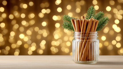 Christmas cinnamon sticks and green pine props in glass jar with warm bokeh light background creating festive mood