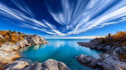Ocean water sits between rocky formations under a dynamic sky with wispy clouds and bright sunlight.