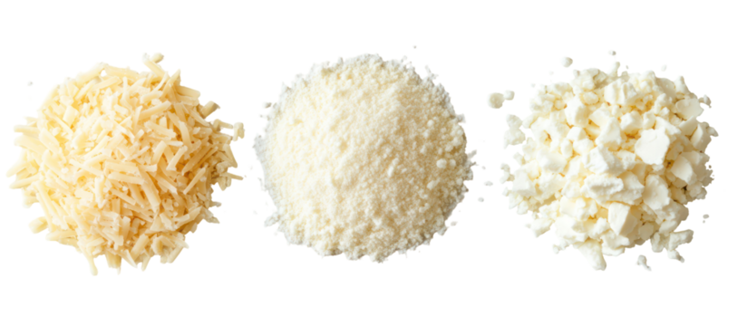 Three piles of parmesan feta cheddar side by side overhead on transparent background