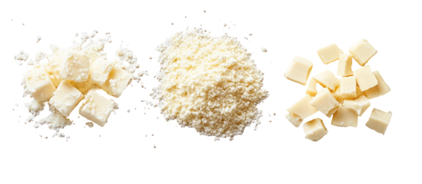 Three piles of parmesan feta cheddar side by side overhead on transparent background