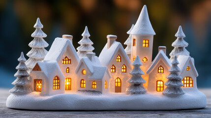 Christmas props miniature village with glowing windows and snow covered trees creating warm festive atmosphere on wooden surface