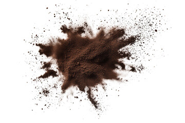 A dynamic explosion of rich brown coffee powder against a stark white background. the texture and movement. ideal for culinary or beverage-related content