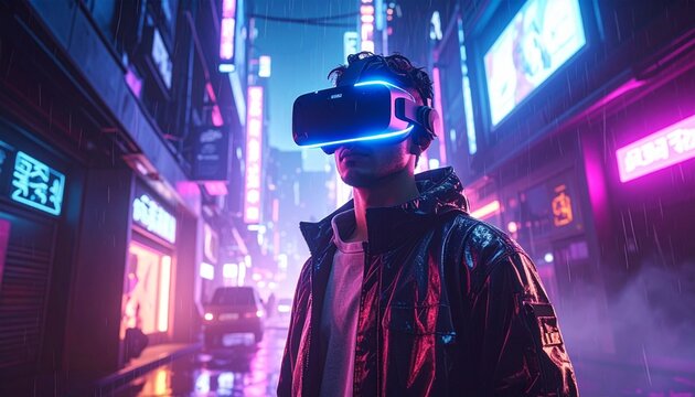 Man wearing VR headset explores neonlit city street at night, experiencing immersive virtual reality with futuristic technology and vibrant atmosphere.
