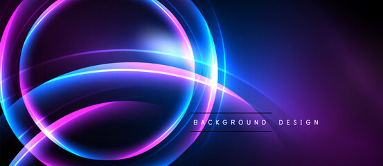 Abstract neon lines create circular shapes, vibrant purple hues dominate design. Background features gradient, modern aesthetic.