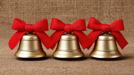 Golden bell with red bow Christmas props on brown fabric background creating festive mood